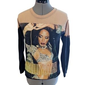 Aaliyah Graphic Long Sleeve T-Shirt Black Tan Bleached Dip Dye Womens Small Chic